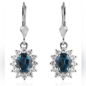 London Blue Topaz and White Zircon Lever Back Earrings in Platinum Over Sterling